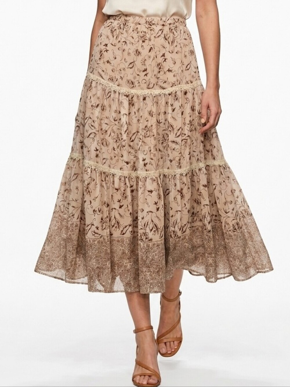 Y2K Christopher & Banks Floral Tiered Midi Skirt Tan 8